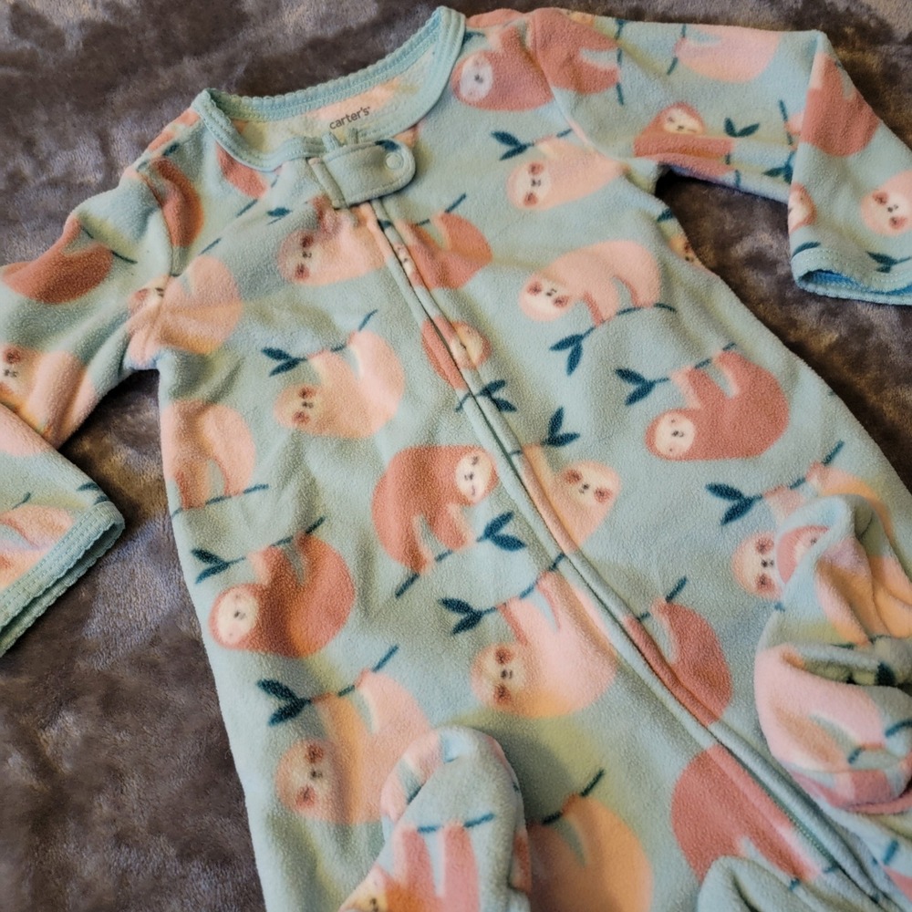 Carter's Fleece Footed Pajamas Baby 9M Blue Coral Sloth Print Excellent 824